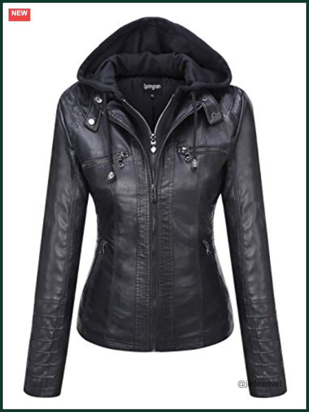 Faux Leather Moto Biker Jacket Slim Fit Removable Knit Hood Zip Pockets